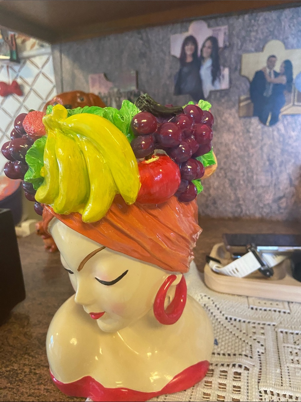 Hand-Painted Fruit Head  candy bowl — Red, Yellow & Green Decorative Bust